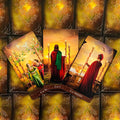 Tarot kortos su šiltu aukso‑raudonu dizainu, trys kortos (2, 3, 4 of Wands) iš viršaus, parodo skirtingus kortų variantus