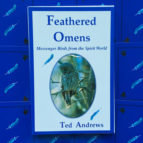 Knyga Feathered Omens Ted Andrews, baltai mėlynas priekinis viršelis su pelėda centre ir plunksnų akcentais
