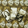 tarot kortos sepia iliustracijų rinkinys, atverstos trys kortos (merginos, akmenuoto kranto, delfinų) ant fono, pasvirusi perspektyva