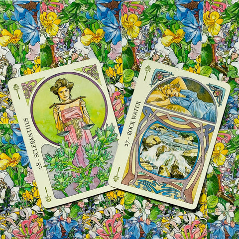 Tarot kortos – dvi iliustruotos kortos (Scleranthus ir Rock Water) ant ryškaus gėlių fono, demonstruoja dizainą ir spalvų variantą