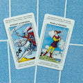 tarot kortos rinkinys: dvi atverstos kortos — Knight of Swords ir Page of Swords ant mėlyno ornamentuoto fono, rodoma iš viršaus
