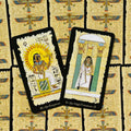 Tarot kortos Egipto tematikos, Empress ir High Priestess priekiniai kortų variantai ant hieroglifais dekoruoto fono