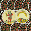 Tarot kortos Marseille stiliaus, dvi matomos kortos (Jaunuolis ir Dešimt taurės) su juodu gėlių nugarėles raštu, parodytas priekis ir nugarėlė