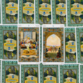 tarot kortos su žalios raštuotos nugarėlės fonu, dvi atviros centrinės kortos (5 ir 6 lazdelės) su ornamentu