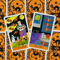 Taro kortos, Halloween tematikos „Bats“ serija: Five ir Four kortos su ryškiomis iliustracijomis ant oranžinės katės nugarėlės