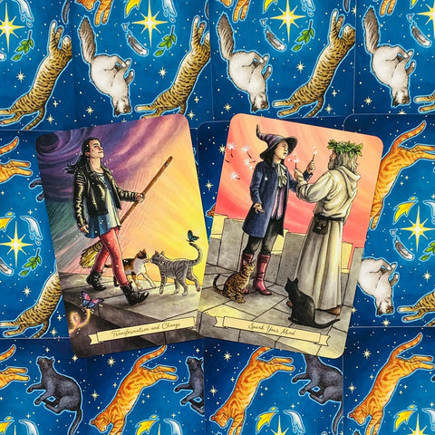 Tarot kortos su dviem iliustruotomis kortomis ant mėlyno kačių rašto fono, variantai "Transformation" ir "Speak Your Mind"