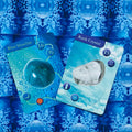 Orakulinės kortos ant mėlyno snaigių fono, dvi atverstos kortos išryškina Blue Howlite ir Rock Crystal variantus