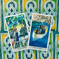 tarot kortos Tides rinkinys — dvi atviros kortos (Five of Tides ir Four of Tides) ant mėlyno‑žalio ornamentinio fono, skirtos produktų variantų peržiūrai