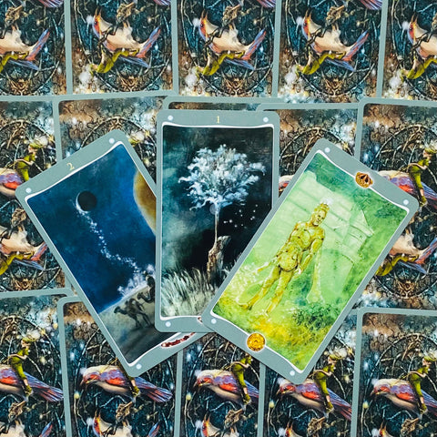 tarot kortos – trijų atvertų kortų fanuotas išdėstymas, rodantis meninį piešinį ir paukščių nugarėlių raštą