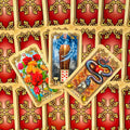 Lenormand kortos su raudonu auksiniu nugarėlių raštu, trijų kortų išdėstymas: Puokštė, Karstas ir Gyvatė, detalus priekinis planas