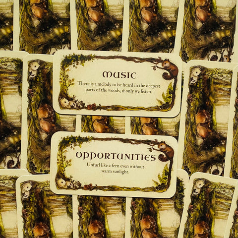 Orakulo kortos su miško iliustracijomis; kremine "Opportunities" korta viršuje ir rudos voverės motyvas