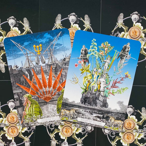 tarot kortos – dvi kortos (Devynės ir Aštuonės lazdelės) su ryškiomis oranžinėmis ir gėlių iliustracijomis, persidengiančios kampu
