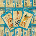tarot kortos egiptietiško dizaino su mėlynais rėmeliais, artimas trijų pagrindinių arkana kortų priekis (Velnio, Bokšto, Žvaigždžių)