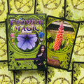 Flower Magic oracle kortos, žalsvoje dėžutėje su violetine gėle ir atidaryta rožinės lupinos korta, rodoma pakuotės ir kortos variante