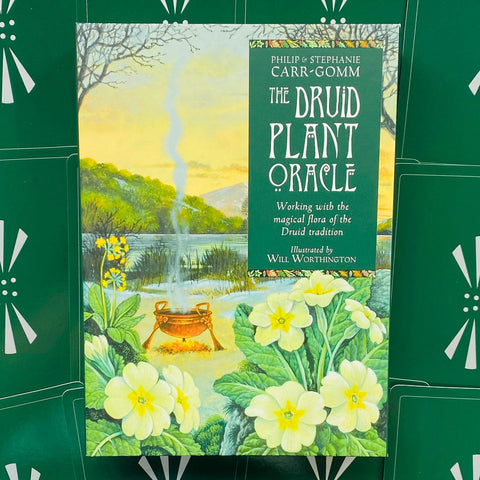 Knyga Druid Plant Oracle, žalias viršelis su geltonomis gėlėmis ir garuojančiu katilu, autoriai Philip ir Stephanie Carr‑Gomm, iliustr. Will Worthington