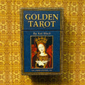 Tarot kortos Golden Tarot (Kat Black) mėlyname dėkle, priekinis dangtelis su karalienės portretu ant aukso rašto fono