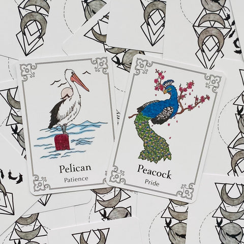 Kortos: spalvotos gyvūnų oracle kortos, pelikanas (Patience) ir povas (Pride) – arti išdėstytos ant baltos fono