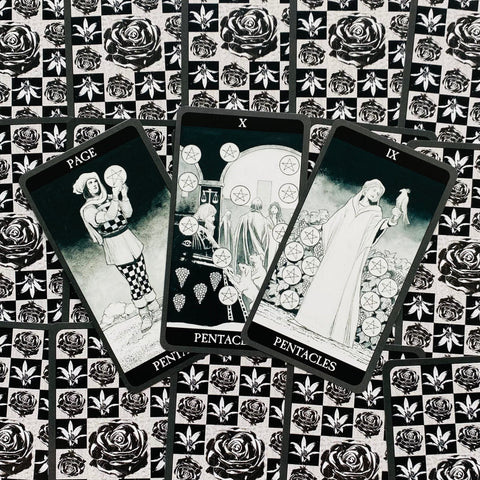 tarot kortos juodai baltos Pentacles serijos, trys kortos fanuotos viena ant kitos ant rožių rašto foninės kortelės