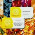 Chakros kortelės saulės rezginiui, geltoni variantai su skirtingomis akmeninėmis etikėtėmis — viena „Fearlessness“ (Amber), kita „Confidence“ (Rutilated quartz)
