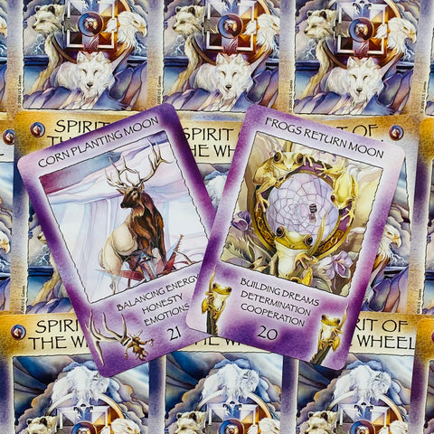 Orakulų kortos su violetiniais rėmeliais — dviejų kortų ištrauka („Corn Planting Moon“, „Frogs Return Moon“), artimas kampas, detalios iliustracijos apie pusiausvyrą ir svajones