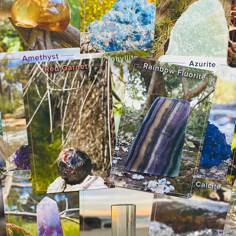 Fluoritas poliruotas stulpelis su violetinėmis ir žaliomis juostomis, padėtas ant samanoto lauko akmens tarp kitų mineralų kortelių