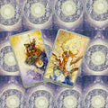 Tarot kortos su dviem atvertomis iliustruotomis kortomis (Nine of Wands, Eight of Wands), spalvota mistiška nugarėlė