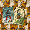 tarot kortos spalvotas iliustracijų rinkinys su XIII Death ir XII The Hanged Man, kampuotas kadras ant raštuotos nugarėlės