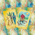 tarot kortos akvarelinės iliustracijos, dvi atverstos kortos (Poppet ir Play) ant spalvoto bangų fono, išdėstytos kampu