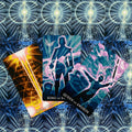 Tarot kortos neoninės iliustracijos: Ace of Wands, King of Swords ir Queen of Swords, kampu išdėstytos ant mėlyno kosminio fono