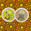 tarot kortos apskritos Cups iliustracijos žalsvai ir rausvai tonais ant geltono apskritų fono, frontinė perspektyva
