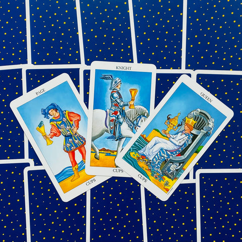 tarot kortos Rider–Waite stiliaus rinkinys, trys taurės kortos (Page, Knight, Queen) ant mėlyno žvaigždėto fono, kampinis išdėstymas