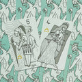 tarot kortos su juodai baltomis iliustracijomis (5 ir 4 kardai) ant žalsvos drakono raštuotos nugarėlės, rodo variantą ir detales