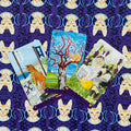 Tarot kortos katinų tematikos: trijų kortų išklotinė (raudonas medis, pentaklis su kate, krantinė) ant violetinės dekoruotos drobės