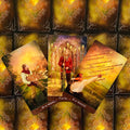 Tarot kortos lazdų serija: tris kortas (8, 9, 10 of Wands) išskleistas ant žalsvai auksinių nugarėlių, matomos iliustruotos scenos