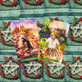 tarot kortos Ten of Wands ir Nine of Wands ant žalsvo rožių bei pentagramos fono, matomas kortų dizaino variantas