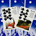 Lenormand kortos, dvi kortos (No.35 ir No.26) su juodais klubo ženklais ir spalvotomis iliustracijomis ant mėlyno fono, pasvirusios ir sutapdintos