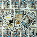Tarot kortos komplektas su trimis atverstomis kortomis (Six, Seven, Eight) ant ryškaus, ornamentuoto nugarėlių fono