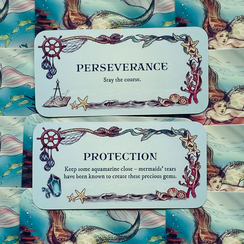 Inspiracinės kortelės su jūrine iliustracija, dvi versijos – Perseverance ir Protection, pastelinė mėlyna fonas