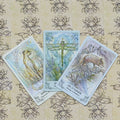 tarot kortos, akvarelinės pastelinės kortos trijų kortų išdėstyme su gepardu, laumžirgiu ir šarvuočiu ant ornamentuoto fono