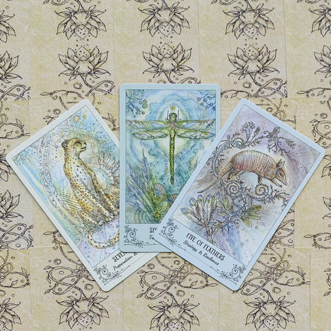 tarot kortos, akvarelinės pastelinės kortos trijų kortų išdėstyme su gepardu, laumžirgiu ir šarvuočiu ant ornamentuoto fono