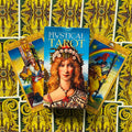 Produkto puslapis: centrinė Mystical Tarot dėžutė su moters portretu prieš geltonai raštuotas kortų nugarėles ir dvi atidengtos kortos šonuose