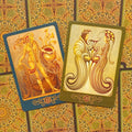 tarot kortos Art Nouveau stiliaus, dvi išdėstytos kortos su mėlynu rėmu (21) ir alyviniu rėmu (20), ornamentuotas fonas