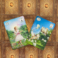 Kortos lenormand stiliaus, dvi versijos — mergaitė su tinklu ir žydinčių šakų paukščiai, ryškios spalvos ir detalus piešinys