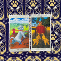 Tarot kortos su kačių iliustracijomis, dvi didžiosios arkannos (The Fool, The Chariot) priekyje, ryškios mėlyno ir aukso nugarėlės raštai