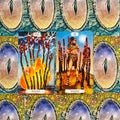 tarot kortos Wands VIII ir IX rodomos arti, ryškios oranžinės ir mėlynos spalvos, akcentuojama stiebų simbolika aiškiam skaitymui