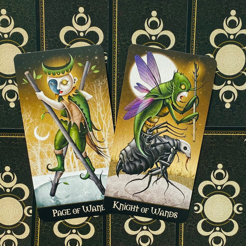 Tarot kortos — priekis su dviem žaliomis iliustracijomis (Page of Wands, Knight of Wands) ant juodo‑auksinio fono, skiriasi nuo kitų variantų