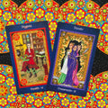 tarot kortos dvi ryškiai iliustruotos kortos – Hygieia (Health) ir Hecate (Crossroads) ant spalvingo ornamentuoto fono