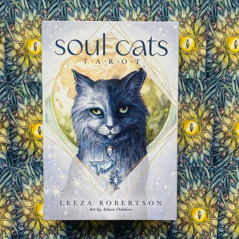 tarot kortos Soul Cats — Leeza Robertson dėžutė su mėnulio fone ir mėlynos‑pilkos katės iliustracija, centrinė priekinė pusė