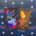 Tarot kortos, du kortų pavyzdžiai – mėlyna Two of Wands ir aukso-tonių Ace of Wands ant žvaigždėto fono