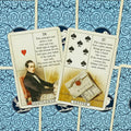 Lenormand kortos dvi kortos Gentleman ir Letter ant mėlyno raštuoto nugarėlių fono, pabrėžiama laiško pranešimo reikšmė ir poros sąveika